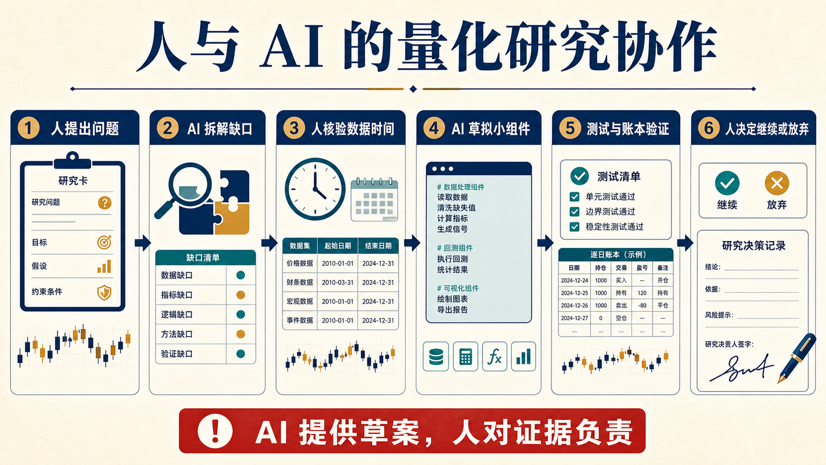 研究者提出问题,AI 拆解缺口,人核验数据时间,随后完成小组件、测试与账本