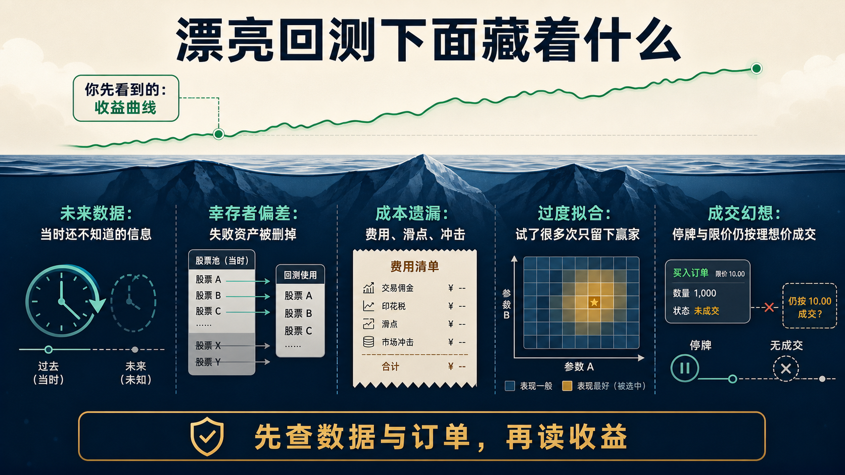 回测曲线像冰山,水面下藏着未来数据、成本、过拟合、流动性与市场变化