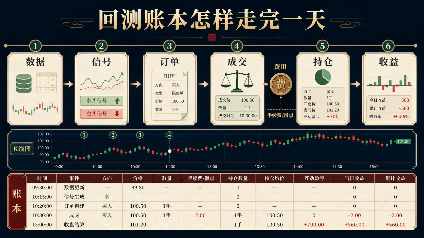 数据、信号、订单、成交、持仓与收益依次进入账本