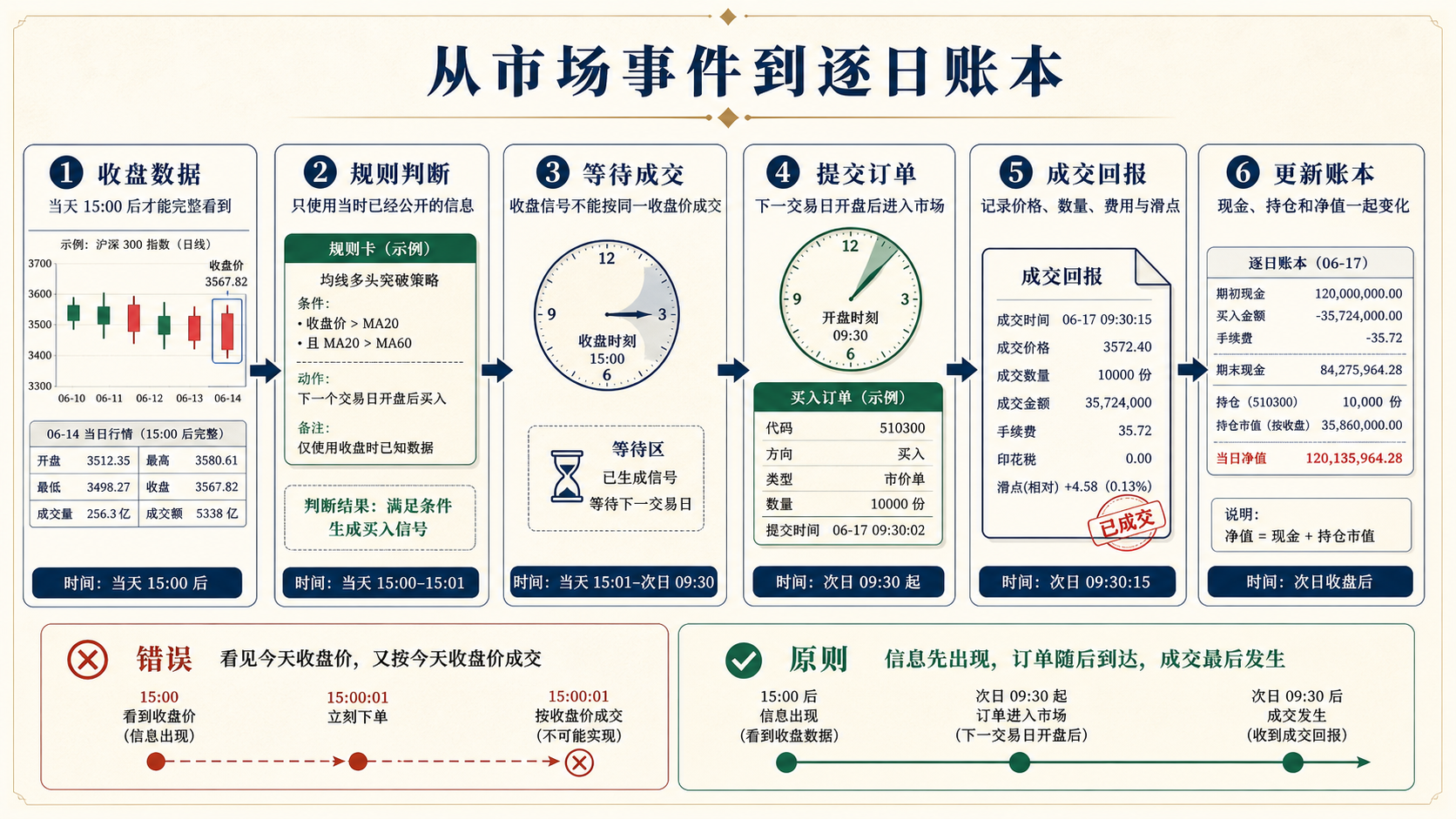 市场信息依次经过收盘数据、规则判断、等待成交、提交订单、成交回报与更新账本