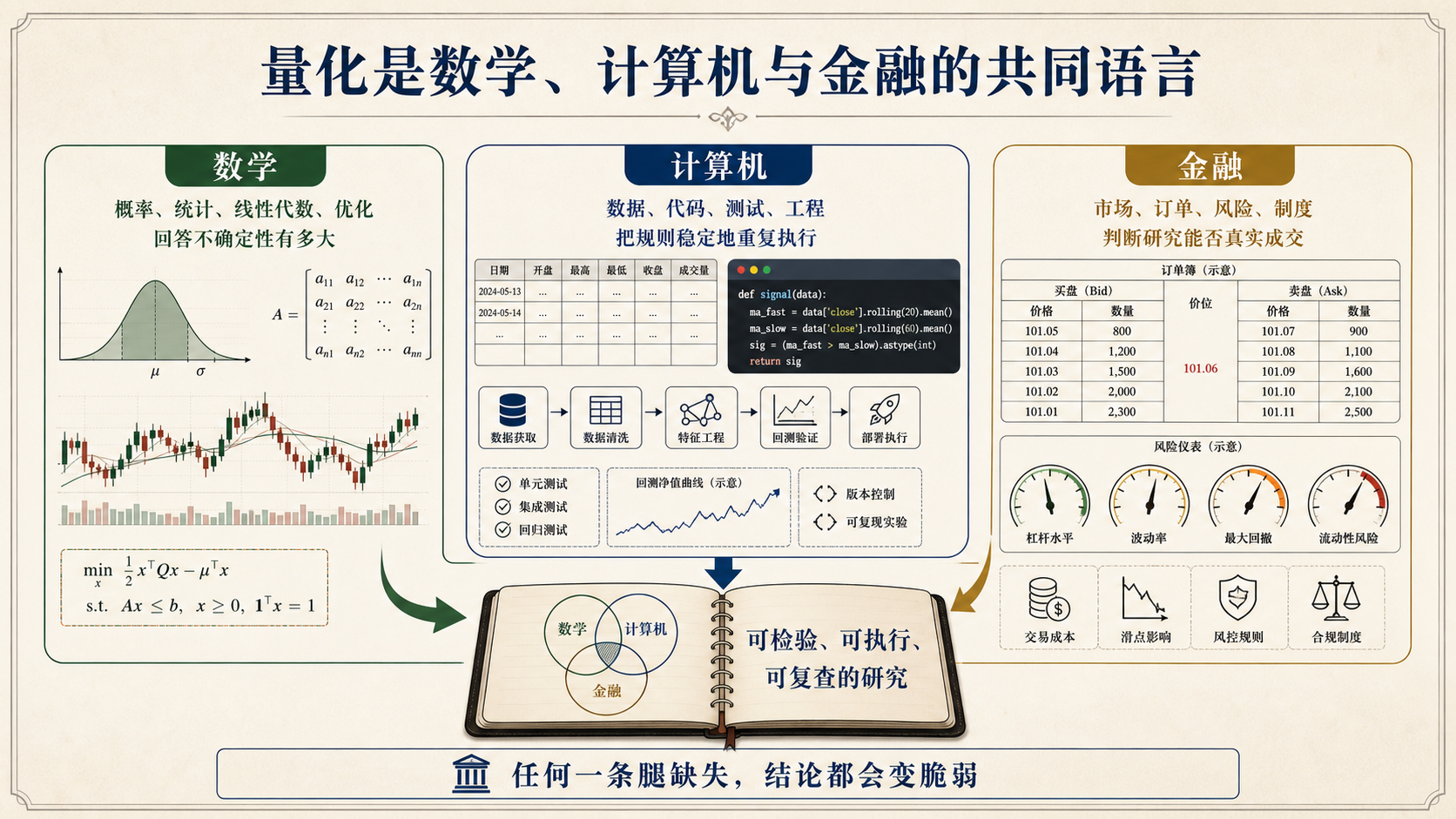 数学、计算机与金融共同组成可检验、可执行、可复查的量化研究